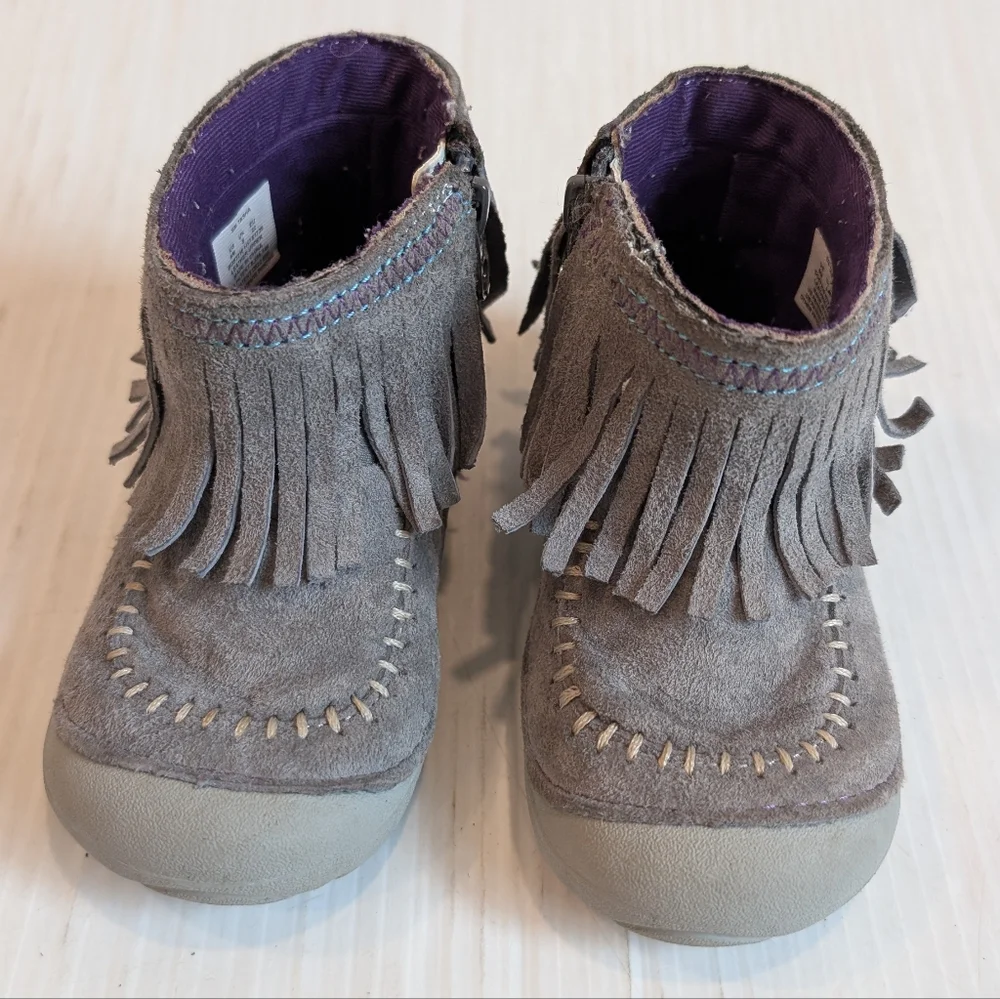 STRIDE RITE Tasha Gray Suede Fringe Moccasin Boots Baby Walker Shoes Size 6